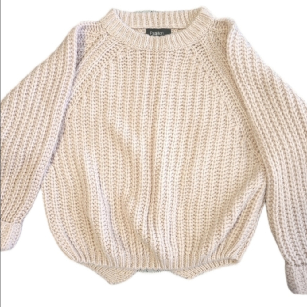 Papillion Cozycore Chunky Knit Sweater Balloon Sleeves Assymetrical Hem Pink - Picture 3 of 12